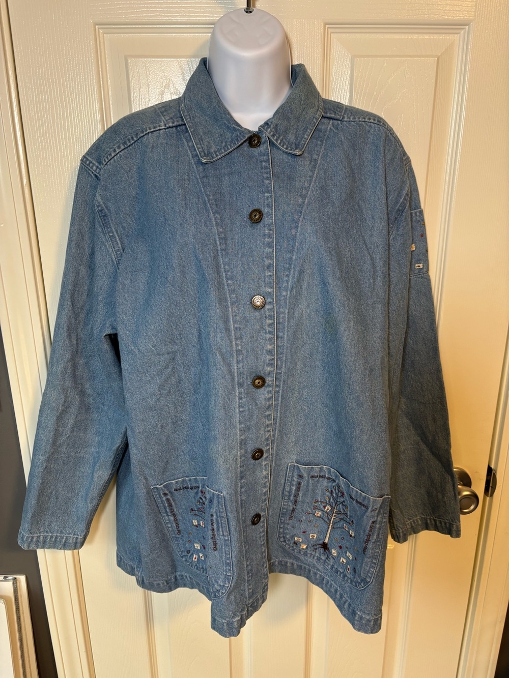 Christopher & Banks blue denim jacket with embroidered tree design large